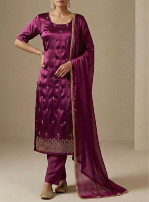 Nazakat Wine Fandy Satin Suit Set